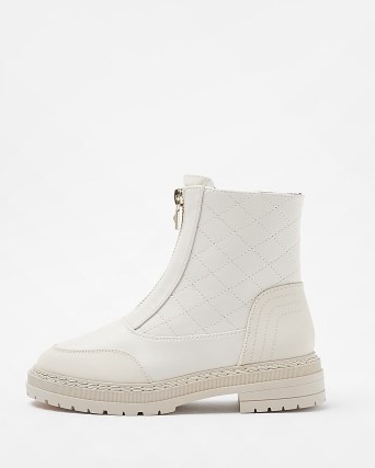RIVER ISLAND CREAM QUILTED ANKLE BOOTS ~ women’s front zip boots