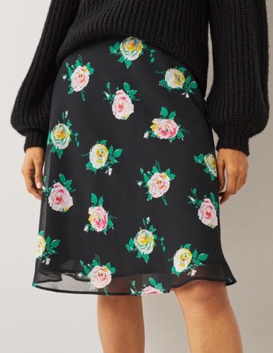 Boden Crinkle Bias-cut Skirt Black Painterly Rose / floral sheer overlay skirts - flipped
