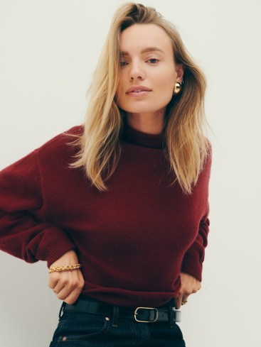 Reformation Cropped Cashmere Turtle in Merlot | luxe dark red crop hem jumper | womens high neck relaxed fit jumpers - flipped