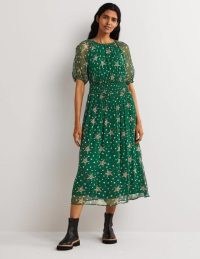 Boden Deep Smocked Waist Midi Dress Hunter Green, Star Floral – feminine semi sheer dresses