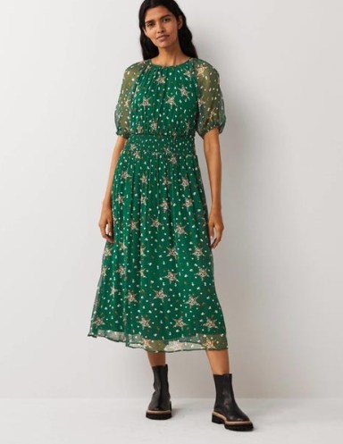 Boden Deep Smocked Waist Midi Dress Hunter Green, Star Floral – feminine semi sheer dresses - flipped