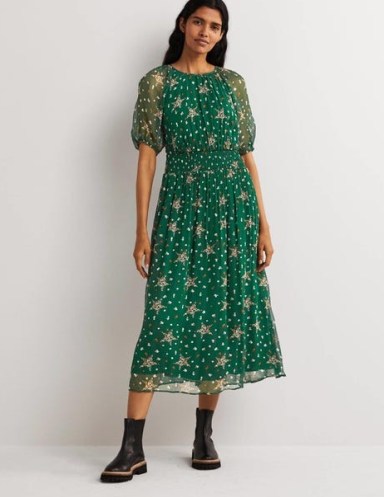 Boden Deep Smocked Waist Midi Dress Hunter Green, Star Floral – feminine semi sheer dresses