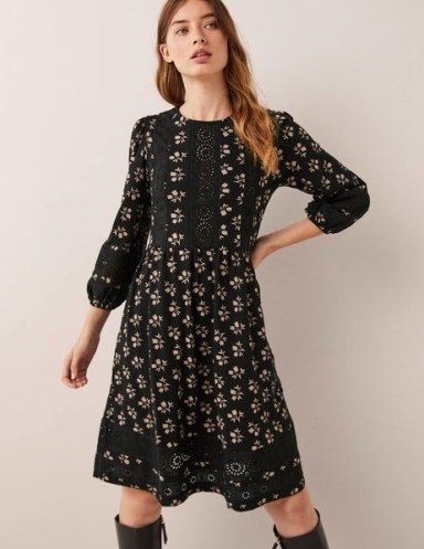 Boden Detail Insert Jersey Dress Black, Bouquet Bud / floral ¾ length sleeve dresses - flipped