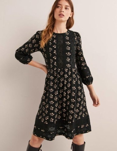 Boden Detail Insert Jersey Dress Black, Bouquet Bud / floral ¾ length sleeve dresses
