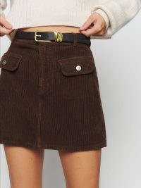 Reformation Elia Patch Pocket Corduroy Mini Skirt in Cafe | dark brown organic cotton denim cord skirts | retro style fashion | vintage inspired clothes