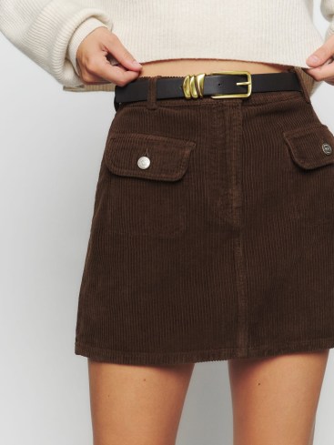 Reformation Elia Patch Pocket Corduroy Mini Skirt in Cafe | dark brown organic cotton denim cord skirts | retro style fashion | vintage inspired clothes - flipped