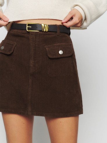 Reformation Elia Patch Pocket Corduroy Mini Skirt in Cafe | dark brown organic cotton denim cord skirts | retro style fashion | vintage inspired clothes