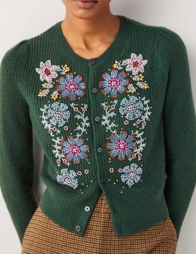 Boden Embellished Ribbed Cardigan Trekking Green – floral beaded cardigans - flipped