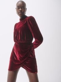 Reformation Evora Velvet Dress in Chianti – red long sleeve high neck faux wrap mini dresses – luxe fashion