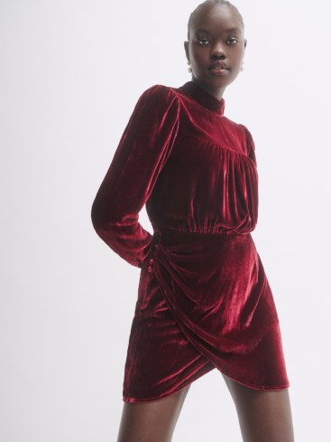 Reformation Evora Velvet Dress in Chianti – red long sleeve high neck faux wrap mini dresses – luxe fashion - flipped