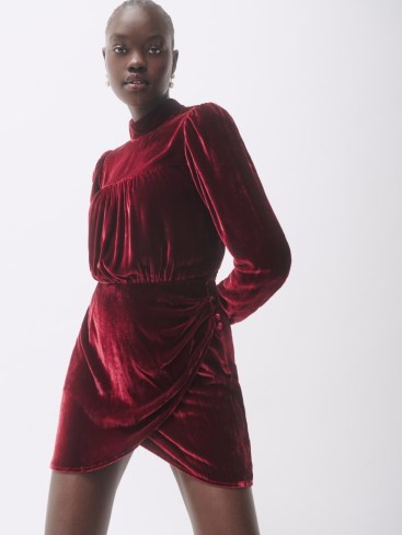 Reformation Evora Velvet Dress in Chianti – red long sleeve high neck faux wrap mini dresses – luxe fashion