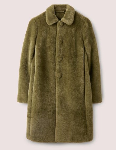 Boden Faux Fur Collared Coat Basil Green – women’s galmorous winter coats – vintage style outerwear - flipped