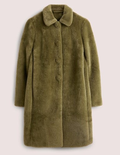 Boden Faux Fur Collared Coat Basil Green – women’s galmorous winter coats – vintage style outerwear