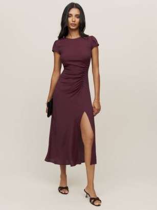 Reformation Frasier Dress in Prune ~ cap sleeved split hem dresses - flipped