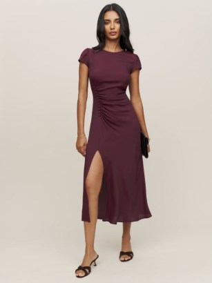 Reformation Frasier Dress in Prune ~ cap sleeved split hem dresses