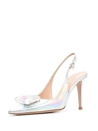 Gianvito Rossi metallic-finish 95mm pointed pumps in silver tone ~ glamorous sling back courts with large crystal embellishment ~ farfetch ~ shiny luxe singbacks
