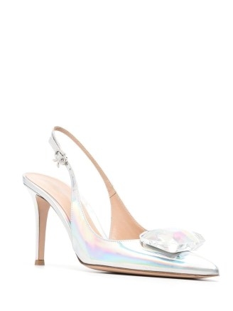 Gianvito Rossi metallic-finish 95mm pointed pumps in silver tone ~ glamorous sling back courts with large crystal embellishment ~ farfetch ~ shiny luxe singbacks - flipped