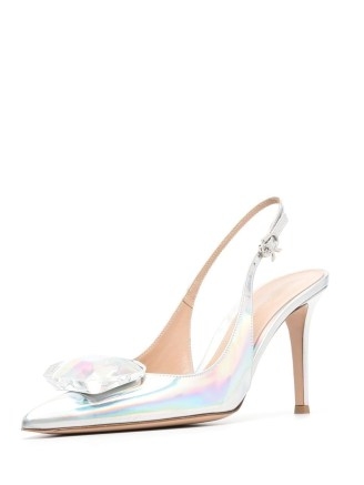 Gianvito Rossi metallic-finish 95mm pointed pumps in silver tone ~ glamorous sling back courts with large crystal embellishment ~ farfetch ~ shiny luxe singbacks