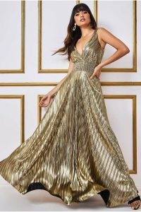 GODDIVA FOIL PLEATED FLARE MAXI DRESS in GOLD | metallic sleeveless plunge front occasion dresses | fit and flared hem evening gowns | deep plunging neckline