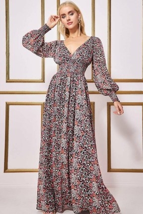 GODDIVA LONG SLEEVE MAXI SHIRRED WAISTBAND FLORAL PRINT | bohemian plunge front fitted waist dresses | boho style volume sleeved fashion | plunging neckline clothes - flipped