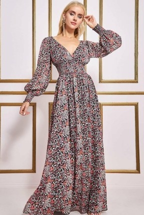 GODDIVA LONG SLEEVE MAXI SHIRRED WAISTBAND FLORAL PRINT | bohemian plunge front fitted waist dresses | boho style volume sleeved fashion | plunging neckline clothes