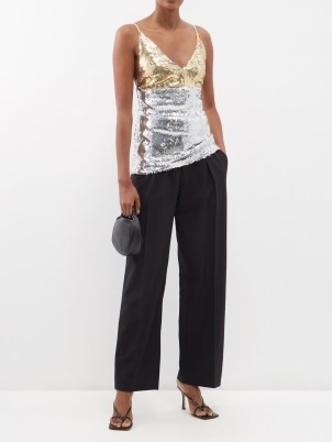 VICTORIA BECKHAM Sequinned cami top in gold – metallic colour block camisole tops – silver sequin evening fashion – luxe designer occasion camisoles – MATCHESFASHION - flipped
