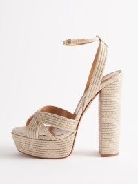 AQUAZZURA Sundance 140 metallic-cord platform sandals in gold | 70s style platforms | high block heel ankle strap sandal | women’s textured evening shoes | luxe retro inspired footwear | MATCHESFASHION