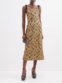 THE VAMPIRE’S WIFE The Night Garden floral-brocade midi dress in gold ~ luxe metallic tie shoulder strap evening dresses ~ matchesfashion women’s occasion clothes