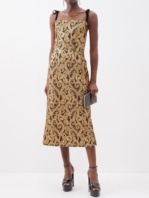 THE VAMPIRE’S WIFE The Night Garden floral-brocade midi dress in gold ~ luxe metallic tie shoulder strap evening dresses ~ matchesfashion women’s occasion clothes - flipped