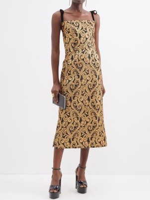 THE VAMPIRE’S WIFE The Night Garden floral-brocade midi dress in gold ~ luxe metallic tie shoulder strap evening dresses ~ matchesfashion women’s occasion clothes
