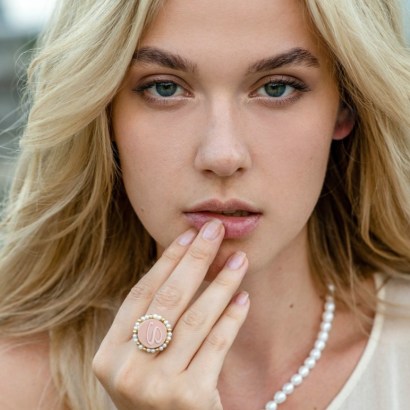 Vintouch Italy GOLD VERMEIL PINK CAMEO PEARL RING ~ initial statement rings ~ wolf & badger jewellery - flipped