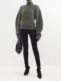 SA SU PHI Balloon-sleeve ribbed-knit cashmere sweater in green ~ women’s khaki coloured volume sleeved sweaters ~ voluminous sleeves ~ MATCHESFASHION knitwear ~ womens high funnel neck jumpers with exaggerated rolled cuffs