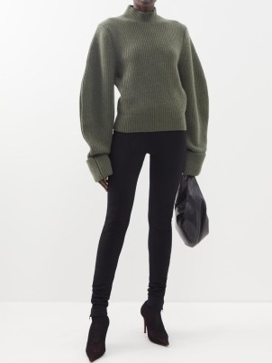 SA SU PHI Balloon-sleeve ribbed-knit cashmere sweater in green ~ women’s khaki coloured volume sleeved sweaters ~ voluminous sleeves ~ MATCHESFASHION knitwear ~ womens high funnel neck jumpers with exaggerated rolled cuffs - flipped