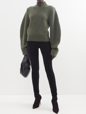SA SU PHI Balloon-sleeve ribbed-knit cashmere sweater in green ~ women’s khaki coloured volume sleeved sweaters ~ voluminous sleeves ~ MATCHESFASHION knitwear ~ womens high funnel neck jumpers with exaggerated rolled cuffs