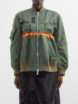 SACAI Deconstructed nylon bomber jacket in green / khaki zip up jackets / women’s designer outerwear / matchesfashion / modern classics / classic clothes with a contemporary twist / gathered details - flipped