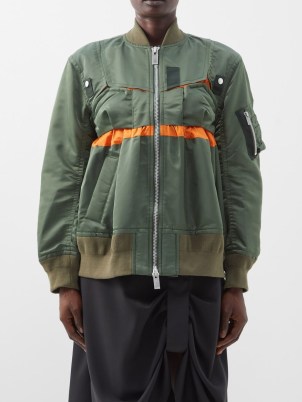 SACAI Deconstructed nylon bomber jacket in green / khaki zip up jackets / women’s designer outerwear / matchesfashion / modern classics / classic clothes with a contemporary twist / gathered details