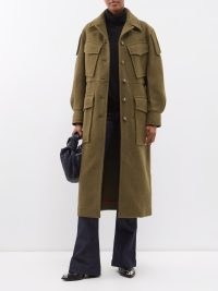 VICTORIA BECKHAM Flap-pocket double-faced tailored coat in green – women’s longline khaki utility style coats – womens military inspired outerwear – MATCHESFASHION
