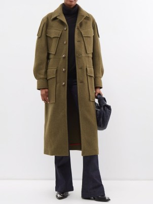 VICTORIA BECKHAM Flap-pocket double-faced tailored coat in green – women’s longline khaki utility style coats – womens military inspired outerwear – MATCHESFASHION - flipped