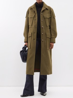 VICTORIA BECKHAM Flap-pocket double-faced tailored coat in green – women’s longline khaki utility style coats – womens military inspired outerwear – MATCHESFASHION