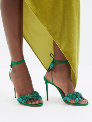 AQUAZZURA Galactic Flower 105 leather sandals in green ~ crystal embellished barely there occasion heels ~ matchesfashion - flipped