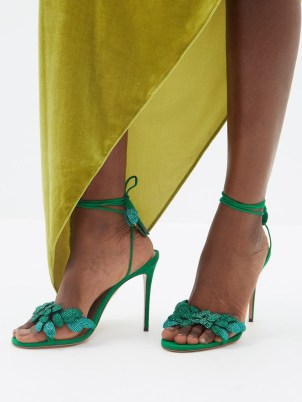 AQUAZZURA Galactic Flower 105 leather sandals in green ~ crystal embellished barely there occasion heels ~ matchesfashion