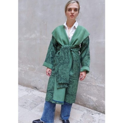 ZEROBARRACENTO GREEN JACQUARD LONG JACKET ~ japanese inspired fashion ~ longline kimono style wool jackets ~ tie waist detail - flipped