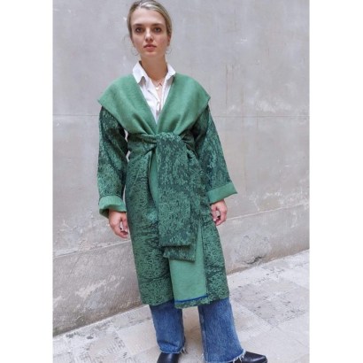 ZEROBARRACENTO GREEN JACQUARD LONG JACKET ~ japanese inspired fashion ~ longline kimono style wool jackets ~ tie waist detail