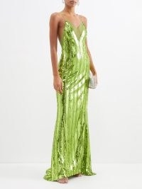 GALVAN Kate sequinned tulle gown in green / shimmering slinky sequin covered event gowns / glittering spaghetti strap evening occasion dresses / matchesfashion / skinny shoulder straps / plunging neckline with sheer panels