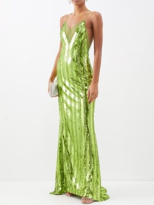 GALVAN Kate sequinned tulle gown in green / shimmering slinky sequin covered event gowns / glittering spaghetti strap evening occasion dresses / matchesfashion / skinny shoulder straps / plunging neckline with sheer panels - flipped