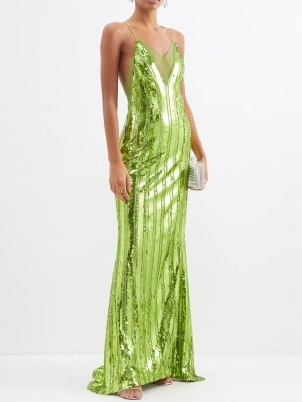 GALVAN Kate sequinned tulle gown in green / shimmering slinky sequin covered event gowns / glittering spaghetti strap evening occasion dresses / matchesfashion / skinny shoulder straps / plunging neckline with sheer panels
