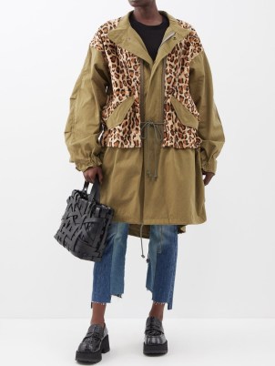 JUNYA WATANABE Leopard-print faux-fur and cotton parka jacket in green / women’s animal print parkas / womens casual designer winter coats / matchesfashion