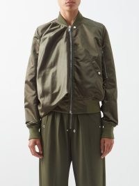 RICK OWENS Seb recycled-satin bomber jacket in green ~ women’s khaki coloured zip up jackets ~ womens casual designer outerwear ~ matchesfashion ~ draped detail