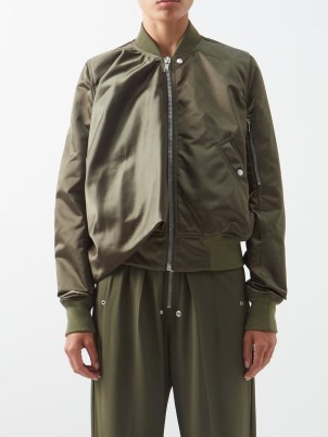 RICK OWENS Seb recycled-satin bomber jacket in green ~ women’s khaki coloured zip up jackets ~ womens casual designer outerwear ~ matchesfashion ~ draped detail
