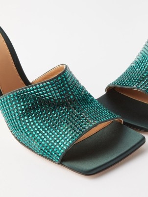 BOTTEGA VENETA Stretch crystal-embellished silk mules in green ~ shimmering square toe mule sandals ~ glamorous occasion shoes covered in crystals ~ matchesfashion ~ glittering high heels ~ party glamour - flipped